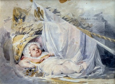 Rooman kuningas Napoleon II, Reichstadtin herttua (1811-1832) keisari Napoleon I:n (1769-1821) poika, vastasyntynyt Musta kivi ja beige laavapaperi Eugene Isabey (1803-1886) Maaliskuu 1811 Su. 0,18x0,25 m Pariisi, Musee du Louvre tekijältä Louis Eugene Gabriel Isabey
