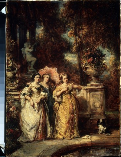 ""La promenade"" (Kävelymatka) Kolme nuorta tyttöä hyvästä perheestä puistossa. Louis Gabriel Eugene Isabeyn (1803-1886) maalaus 1852 Pushkin-museo, Moskova tekijältä Louis Eugene Gabriel Isabey