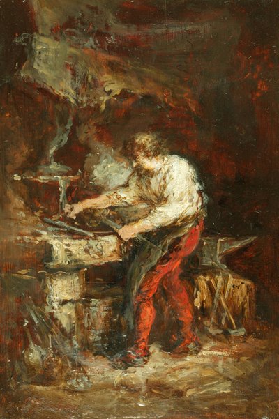 The Smithy (öljy paneelille) tekijältä Louis Eugene Gabriel Isabey