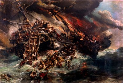 Höyrylaivan tulipalo "Itävalta" Louis Eugene Isabeyn (1803-1886) maalaus 1800-luvun Pariisi, Merimuseo tekijältä Louis Eugene Gabriel Isabey