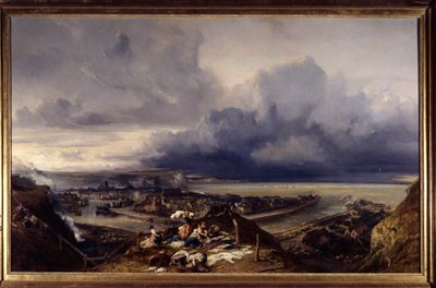 Näkymä Dieppen satamaan Normandiassa Lavandieres pesee pyykkiä telakoilla. Louis Gabriel Eugene Isabeyn (1803-1886) maalaus 1842 su. 1,64x2,51 m Nancy, musee des Beaux Arts tekijältä Louis Eugene Gabriel Isabey
