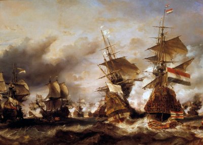Sota Augsburgin liigaa vastaan: "" Texelin taistelu 29.6.1694, Jean Bartin (1650-1702) voitto Frieslandin amiraalin hollantilaisesta laivueesta"" Ranskalaiset kaappaavat hollantilaisia laivoja vehnään. Louis Gabriel Eugene Isabeyn (1803-1886) maalaus tekijältä Louis Eugene Gabriel Isabey