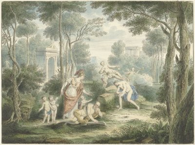 Arkadian maisema, jossa Athena kruunaa vanhan miehen sekä Venus ja Adonis tekijältä Louis Fabritius Dubourg