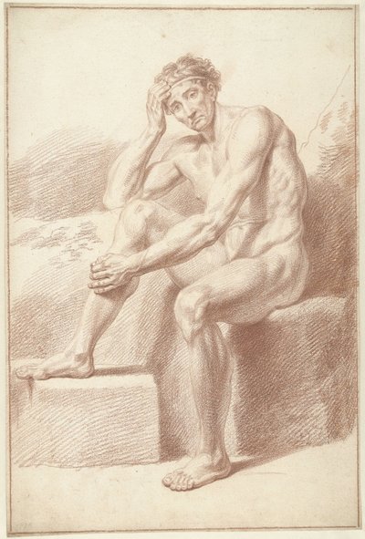 Mies alaston, istuu koukussa polvet tekijältä Louis Fabritius Dubourg