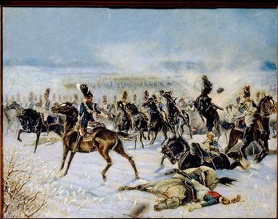 Eylaun taistelu, 20. helmikuuta 1807. (Preussisch Eylaun taistelu 8. helmikuuta 1807). Sotilaallinen yhteenotto Ranskan Napoleon I:n Grande Armeen (1769-1821) ja Venäjän imperiumin välillä. Louis Ferdinand Malespinan (1874-1940) teos, öljy n tekijältä Louis Ferdinand Malespina