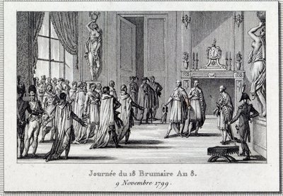 Konsulaatti: "" Napoleon Bonaparte (1769-1821) Saint Cloudin kokouksessa 18. brumaire (9.11.1799)" Napoleon Bonaparten 18 brumairen vallankaappaus viiden sentin (viiden sentin) neuvostossa ) (500 hengen huone), kranaatterien suojaama, päättyy D tekijältä Louis Francois Couche