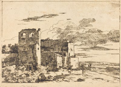 Raunioituneet rakennukset lähellä joenrantaa tekijältä Louis Gabriel Moreau the Elder