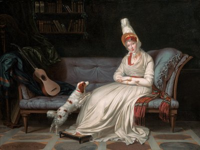 Muotokuva Elizabethista, Lady Websteristä, myöhemmin Lady Hollandista, valkoisessa mekossa spanieli Pierrot