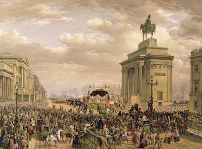 Wellingtonin herttuan hautajaiset, hautajaisauto kulkee Apsley Housen holvikaaren ohi, 18. marraskuuta 1852, kaiverrettu Thomas Pickenin (1838-1870) toimesta, julkaissut Ackermann ja Day, 1853. tekijältä Louis Haghe