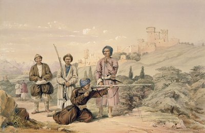 Huzzarehs ampumassa Juzzaeelillä, Kapteeni Lockyer Willis Hartin kirjoittamasta "Afghuanistanin hahmot ja puvut", julkaistu 1843 tekijältä Louis Hague