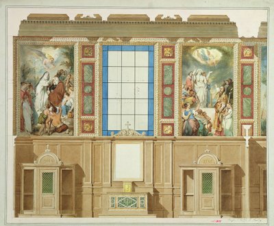 Yksityiskohta yhdestä sivukäytävien alla olevasta kappelista, Notre Dame de Lorette -kirkon koristeluprojektista, 1855 värillinen lito tekijältä Louis Hippolyte Lebas