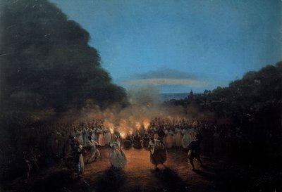 Bamboula tanssii kerran bambua (tai keppejä) Länsi-Intian mustissa orjatanssissa soihtujen valossa. Honore Gamainin (1803-1871) maalaus 1800-luvun La Rochelle, Uuden maailman museo tekijältä Louis Honore Gamain