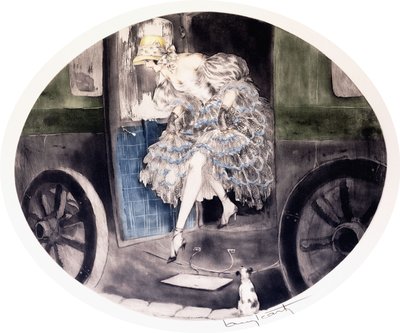 Poistuminen vaunuista, n. 1920-1930 (etsaus ja akvatinta) tekijältä Louis Icart