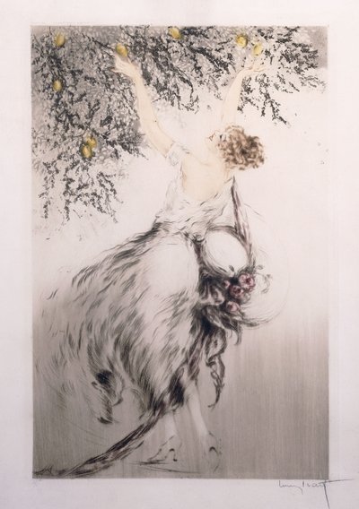 Tyttö poimimassa sitruunoita tekijältä Louis Icart