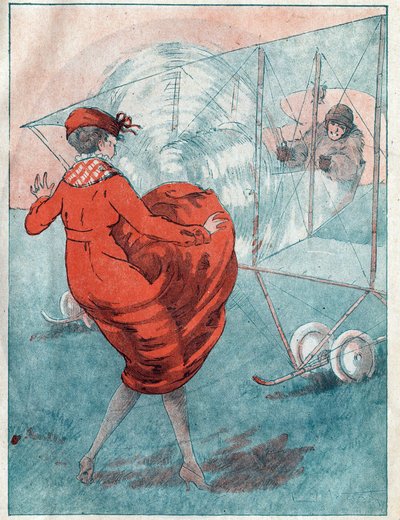 Suotuisa tuuli: helice uteliaita. Louis Icartin (1888-1950) kuvitus toukokuussa 1916 ilmestyneelle "" Le Fantasio" -lehdelle. tekijältä Louis Icart