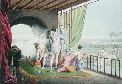 Uimarit wc:ssä, julkaistu 1824-27 (värilitho) tekijältä Louis Jacques Nicolas Schaal