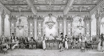 Cafe de la Banque de France, jonka rakensi arkkitehti Dusillon ja joka sijaitsee Place de Victoirella - Schaalin kaiverrus - 1839 - tekijältä Louis Jacques Nicolas Schaal