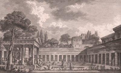 Ihanteellinen Villa of Diomedes Pompejissa sen alkuperäiseen tilaan ennen Vesuviuksen tulivuoren purkausta vuonna 79 jKr, Campania, Italia, etsaus Louis Jean Desprezin (1743-1804) piirustuksen mukaan, noin 21x34 cm tekijältä Louis Jean (after) Desprez