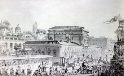Herculaneumista löydetty antiikki kuljetetaan Napolin museoon, n. 1782 (kynä, muste ja akvarelli paperille) tekijältä Louis Jean Desprez
