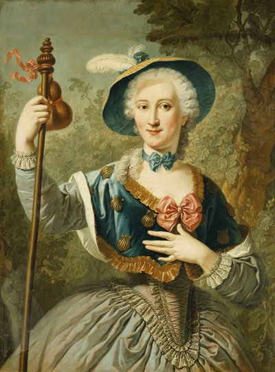 Naisen muotokuva, kolme neljäsosaa, pyhiinvaeltajaksi pukeutunut, sinisellä vuorattu olkihattu ja höyhen, 1747 tekijältä Louis Jean François Lagrenée