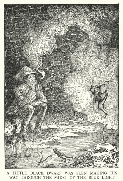 Pieni musta kääpiö nähtiin kulkevan läpi sinistä valoa (litho) tekijältä Louis John Rhead