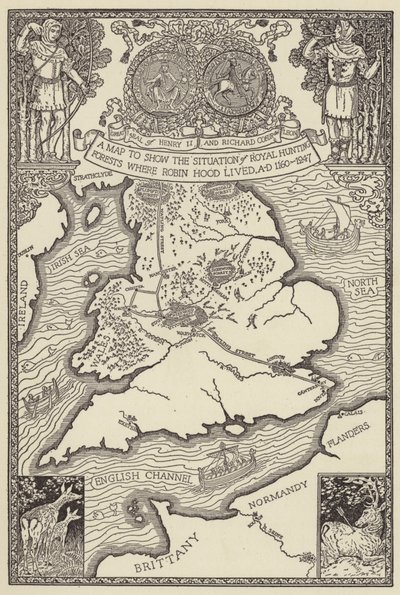 Kartta, joka näyttää tilanteen Royal Hunting Forestsissa, joissa Robin Hood asui, jKr 1160-1247 tekijältä Louis John Rhead