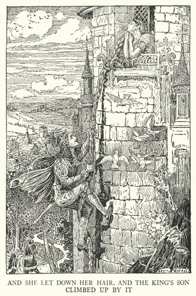 Ja hän laski hiuksensa alas, ja kuninkaan poika kiipesi niiden ohi (litho) tekijältä Louis John Rhead