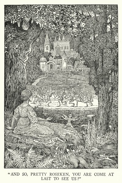 "Ja niin, kaunis Roseken, tulit vihdoin tapaamaan meitä?" (litografia) tekijältä Louis John Rhead