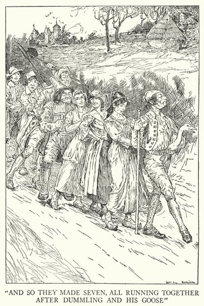 "Ja niin he tekivät seitsemän, kaikki juoksivat yhdessä Dummlingin ja hänen hanhinsa perässä" (litho) tekijältä Louis John Rhead