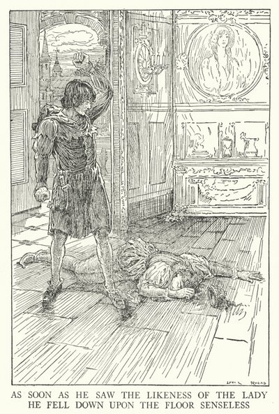 Heti kun hän näki naisen kaltaisen, hän kaatui lattialle järjettömänä (litho) tekijältä Louis John Rhead