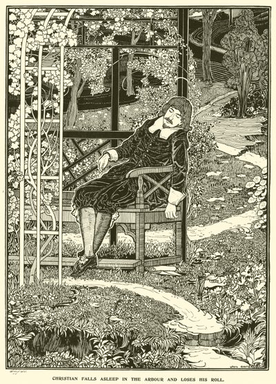 Christian nukahtaa lehtimajaan ja menettää rullansa (kaiverrus) tekijältä Louis John Rhead