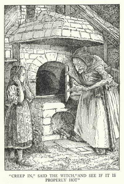 "Hiipikää sisään", sanoi noita, "ja katso, onko se oikein kuuma" (litho) tekijältä Louis John Rhead