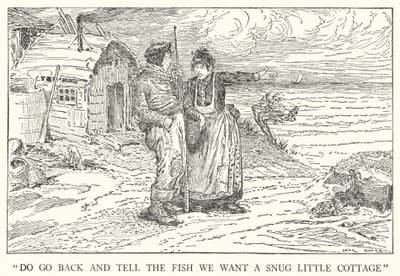 "Mene takaisin ja kerro kalalle, että haluamme kodikkaan pienen mökin" (litho) tekijältä Louis John Rhead