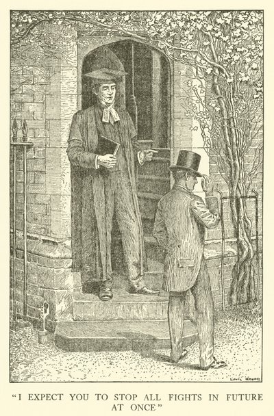 Kuvitus Tom Brownin koulupäiville (kaiverrus) tekijältä Louis John Rhead