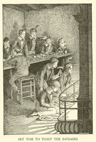 Kuvitus Tom Brownin koulupäiville (kaiverrus) tekijältä Louis John Rhead