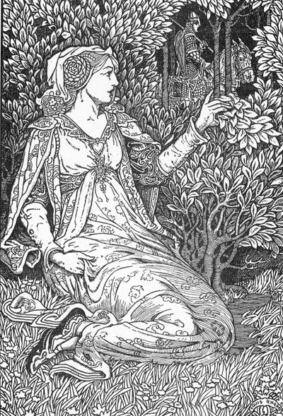 La belle Iseult (Iseultin muotokuva (Isault)) Louis Rheadin (1858-1926) kuvitus teoksesta "Kuningas Arthur ja hänen ritarit" 1923 Yksityinen kokoelma tekijältä Louis John Rhead