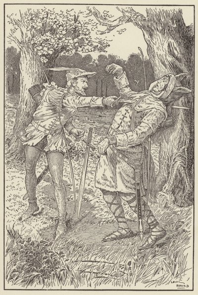 Robin ajoi teränsä Sir Guysin ruumiin läpi tekijältä Louis John Rhead
