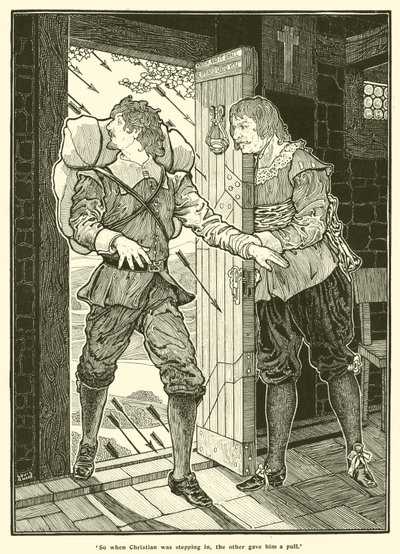 Joten kun Christian astui sisään, toinen veti häntä (kaiverrus) tekijältä Louis John Rhead