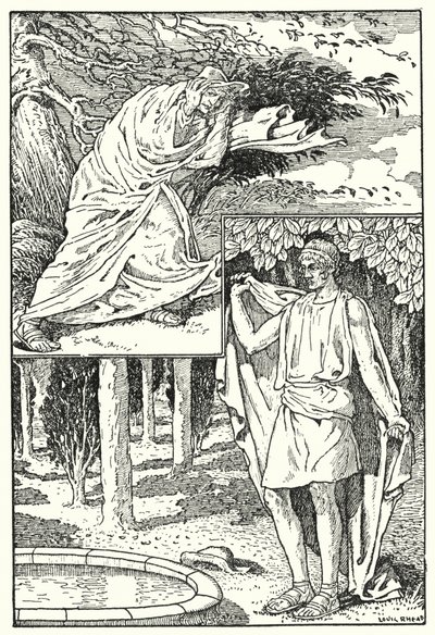 Pohjoistuuli ja aurinko (litografia) tekijältä Louis John Rhead