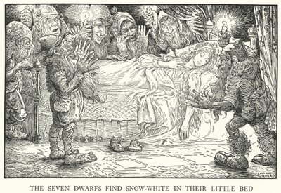 Seitsemän kääpiötä löytää Lumivalkoisen pienestä vuoteestaan (litho) tekijältä Louis John Rhead