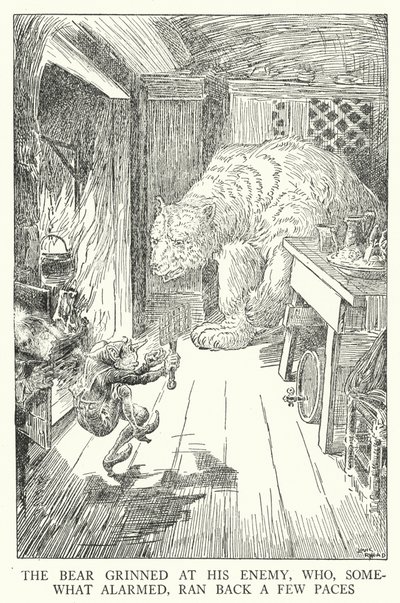 Karhu virnisti viholliselleen, joka hieman huolestuneena juoksi muutaman askeleen taaksepäin (litho) tekijältä Louis John Rhead