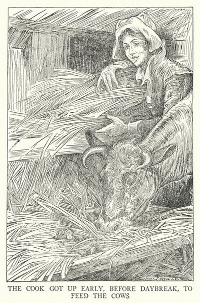 Kokki nousi aikaisin, ennen päivän koittoa ruokkimaan lehmiä (litho) tekijältä Louis John Rhead