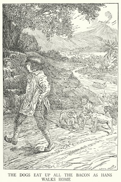 Koirat syövät kaiken pekonin, kun Hans kävelee kotiin (litho) tekijältä Louis John Rhead