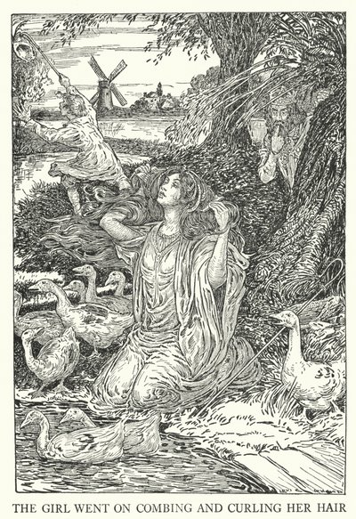 Tyttö jatkoi hiusten kampaamista ja kihartamista (litho) tekijältä Louis John Rhead