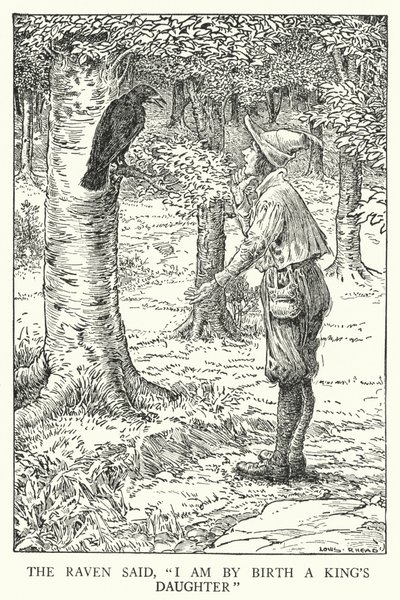 Korppi sanoi: "Olen syntymästäni kuninkaan tytär" (litho) tekijältä Louis John Rhead