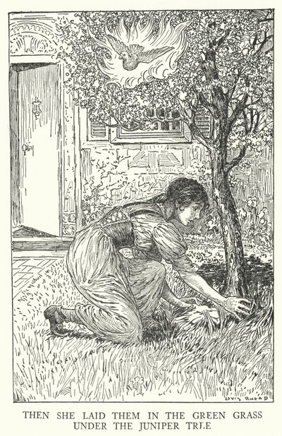 Hän laittoi ne vihreään ruohoon katajan alle (litho) tekijältä Louis John Rhead