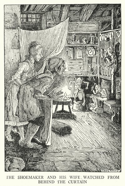Suutari ja hänen vaimonsa katselivat verhon takaa (litho) tekijältä Louis John Rhead