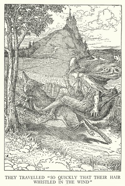 Matkustivat "niin nopeasti, että heidän hiuksensa vihelsi tuulessa" (litho) tekijältä Louis John Rhead