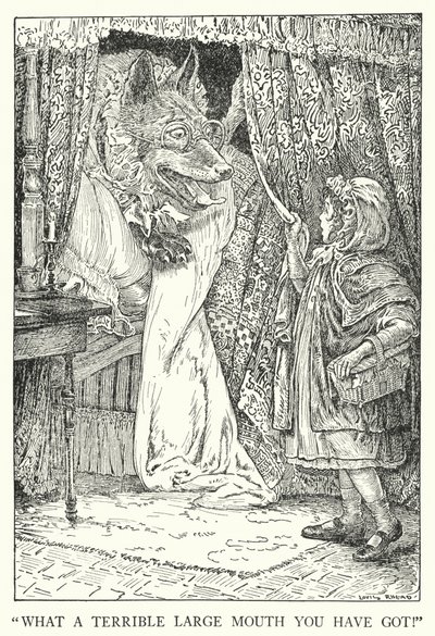 "Mikä hirveän suuri suu sinulla onkaan!" (litografia) tekijältä Louis John Rhead