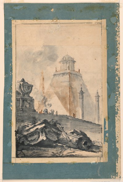 Arkkitehtoninen fantasia: Pyöreä temppeli katkaistulla pyramidilla tekijältä Louis Joseph Le Lorrain